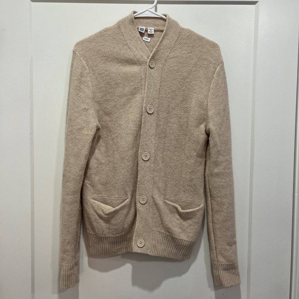 Uniqlo U Mens XS Beige Wool Blend Button Front Cardigan Sweater 405544